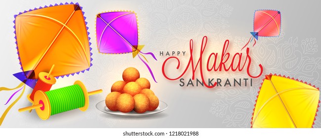 Website header or banner design with illustration of Indian dessert, colorful kites and spool for Makar Sankranti festival. - Shutterstock ID 1218021988