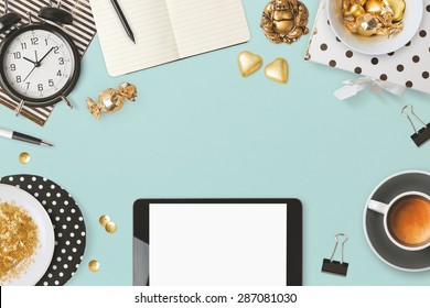 Website header design with digital tablet and feminine glamour objects over blue background