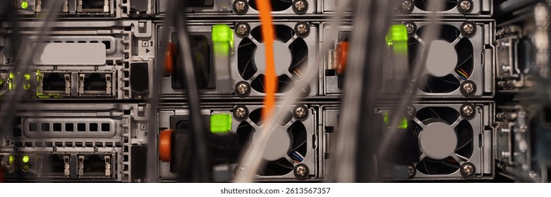 Website header shot of complex server rack with various wires and cables interconnected, showcasing technology's inner workings. Fans visible on server units enhance scene's technical ambiance