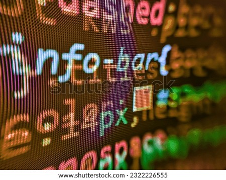 Website HTML Code on the Laptop Display Closeup Photo. Coding script text on screen. Abstract screen of software. Market Analyze. Css3 code on a colorful background