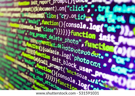 Website HTML Code on the Laptop Display Closeup Photo. CSS, JavaScript and HTML usage. Computer program preview. Innovative startup project. Computer script typing work.  
