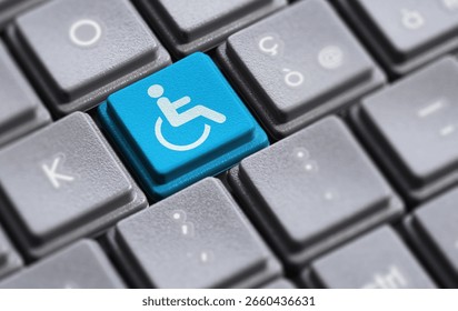 Website and internet online content accessibility and accessible computing or assistive technology for individuals with disabilities concept with a wheelchair icon and symbol on a computer key.