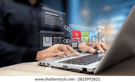 Website Link Building, Content Backlink Strategy, SEO Growth, Improved Rankings, Organic Traffic Boost, Digital Visibility Tactics. Website Page with Backlink Pages on a Laptop Virtual Screen