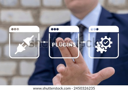 Website plugin concept. Ecommerce CMS with extensions. Improve digital marketing with SEO website plugins and web developer extension and plugins.