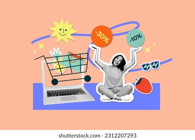 Website poster banner mockup collage of excited lady buying web summer stuff using netbook on special seasonal offer - Powered by Shutterstock