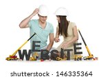 Website under construction concept: Inquiring man and woman building the word website along with construction machines, isolated on white background.