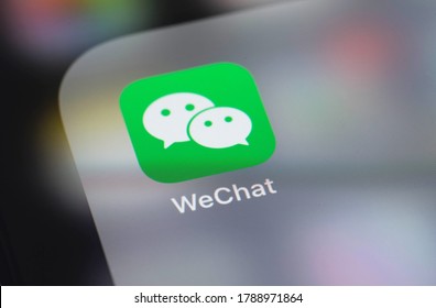 WeChat app on the screen smartphone closeup. WeChat is a mobile communication system for sending text and voice messages. Moscow, Russia - July 10, 2020