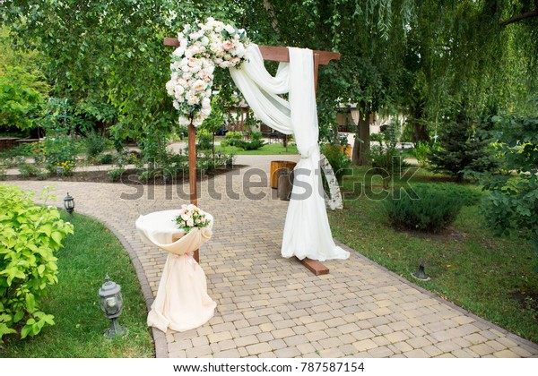 Wedding Arch Decorated Fabric Fresh Flowers Stock Photo Edit Now