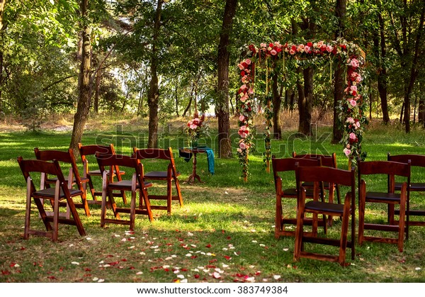 Wedding Arch Decorated Flowers Wooden Chairs Stock Photo Edit Now