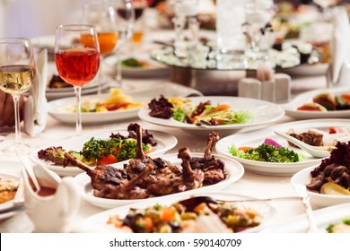 Wedding Banquet In A Restaurant With Food And Drinks