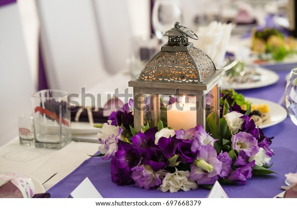 Wedding Banquet Table White Purple Colors Stock Photo Edit Now