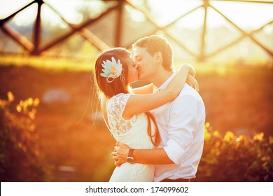 Wedding. Beautiful Couple Kissing In The Sun