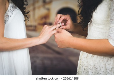 Wedding Beautiful Lesbian Couple In Love Getting Married Concept Of Marriage Equality