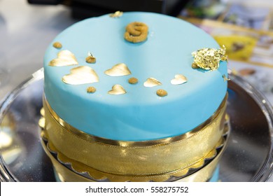 Wedding Blue Cake  With Edible Gold Leaf 