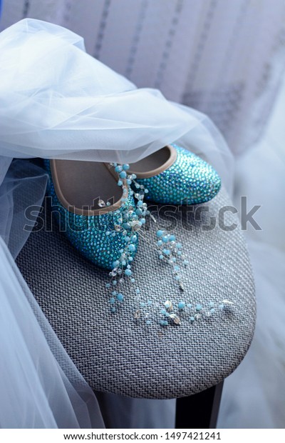 Wedding Blue Shoes Rhinestones Pigeons Decoration Stock Photo