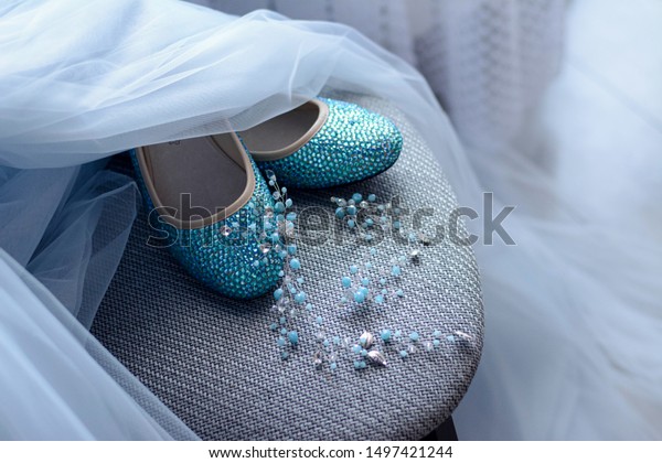 Wedding Blue Shoes Rhinestones Pigeons Decoration Stock Photo