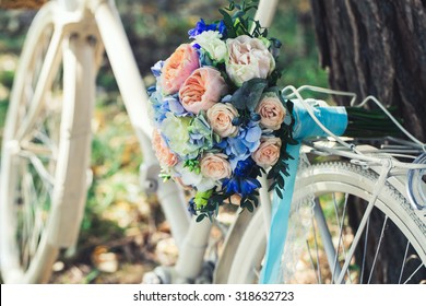 Wedding Bouquet Of Bride - Colorful Flowers Pink, White Roses And Blue Freesia And Hydrangea At Wedding On Nature