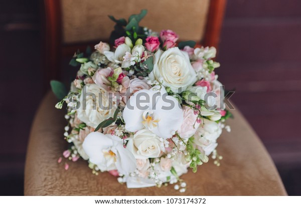 Wedding Bouquet On Vintage Chair Orchid Stock Photo Edit Now