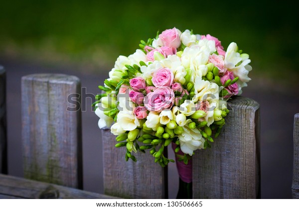 Wedding Bouquet Roses Freesia On Rustic Stock Photo Edit Now