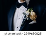 Wedding. A boutonniere of a flower and green leaves is fixed on the groom