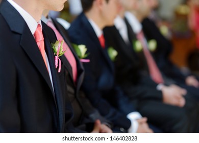 Wedding boutonniere on suit jacket of groom's man