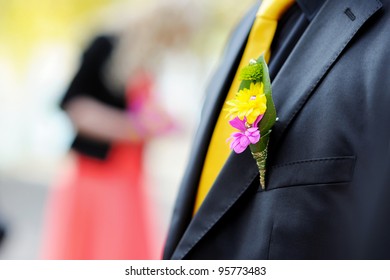 Wedding boutonniere on suit jacket of groom
