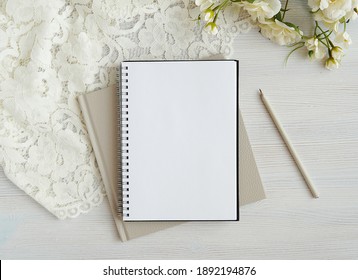 Wedding, Bridal Shower Planner Mockup, Open Blank Spiral Notebook For Design, Text, Template, Lettering, White Bride Dress Laces, Flowers, Flat Lay.   