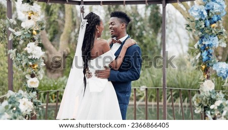 Wedding, bride and groom dancing with celebration and happiness at ceremony with life partner and commitment. Marriage, trust and black people in relationship, event decor and nature, love and care