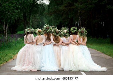 Wedding. The bride in a white dress standing and embracing bridesmaids 