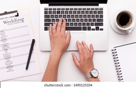 Wedding Budget Planning. Woman Searching Prices On Laptop Through The Internet