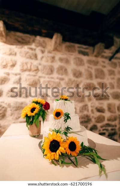 Wedding Cake Decorated Flowers Sunflower Stock Photo Edit Now