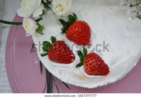 Wedding Cake Strawberries Decorated Gypsophila Paniculata Stock