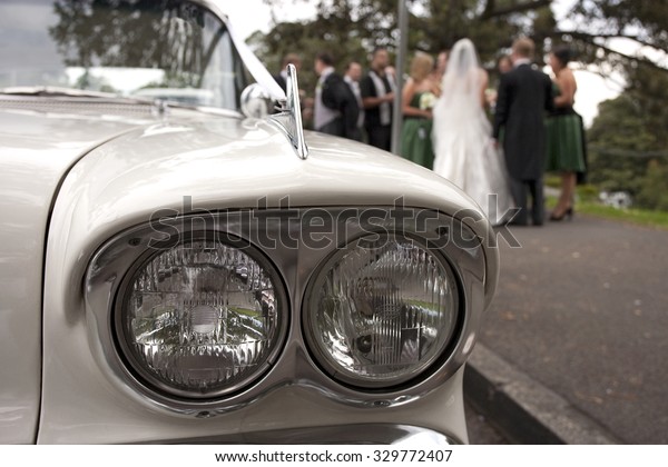 Wedding\
car detail with wedding party out of focus\
behind
