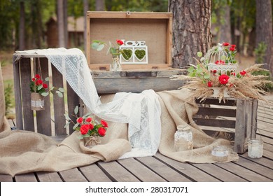 Wedding Ceremony And Decorations, Wedding Archway In Rustic Style. Simple Wedding. Big Day For A Couple In A Small Venue. Small Wedding Backyard. 