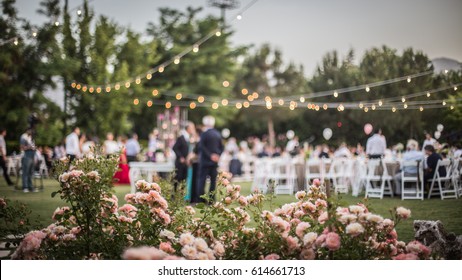 Wedding Ceremony With Flowers Outside In The Garden With Hanging Lights