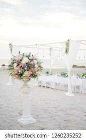 wedding ceremony setup dinner table and Beautiful wedding flower decorations