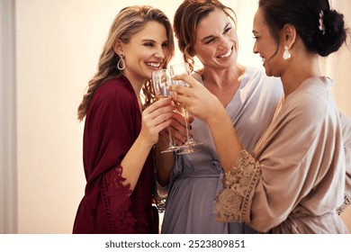 Wedding, champagne and bride with women in dressing room for marriage ceremony, event and celebration. Happy, toast and friends cheers with alcohol drink for bonding, excited and getting ready - Powered by Shutterstock