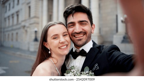 Wedding, city and selfie with happy people on street at courthouse with bride, love and bouquet for celebration. Social media, profile picture and marriage for commitment, loyalty and trust together - Powered by Shutterstock