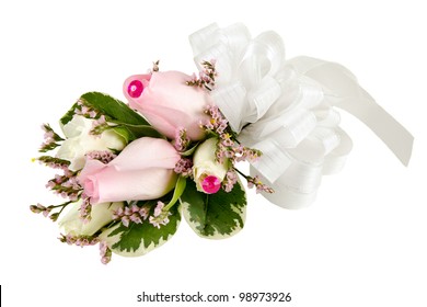 Wedding Corsage With Pink Roses Isolated On White