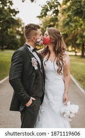 Wedding Couple With Face Masks, Love In Coronavirus Covid-19 Time