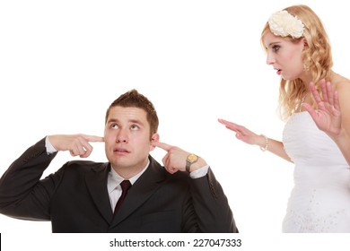 Wedding Couple Having Argument - Conflict, Bad Relationships. Angry Woman Fury Bride And Groom In Fight. Isolated