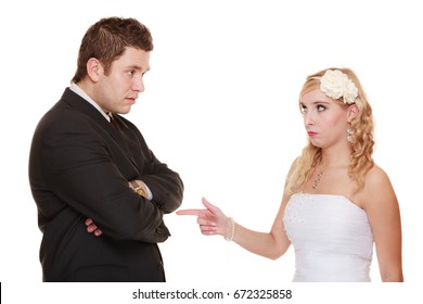 Wedding Couple Having Argument - Conflict, Bad Relationships. Angry Woman Fury Bride And Groom In Fight. Isolated