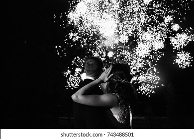 Wedding Couple Are Looking To The Fireworks