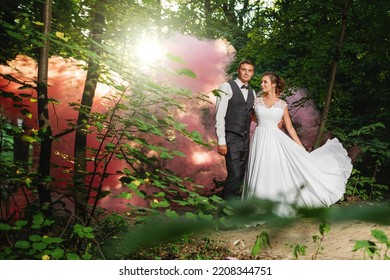 Wedding Couple In Love Summer Day Outside In Forest