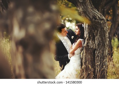 wedding couple in magic forest, outside portrait