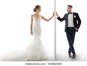 Wedding Couple touching Hands through Wall. Barrier between Bride Groom. Marriage Concept of Loving Pair Man Woman