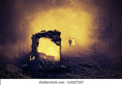 Wedding Couple Walking Away From A Grave In A Forest