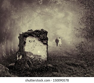 Wedding Couple Walking Away From A Grave In A Forest