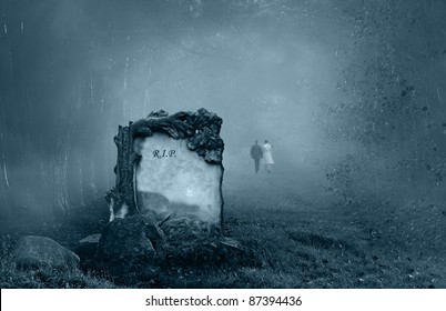 Wedding Couple Walking Away From A Grave In A Forest