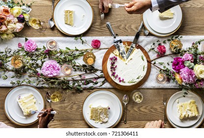 Wedding Cut Cake Pieces Aerial Top View